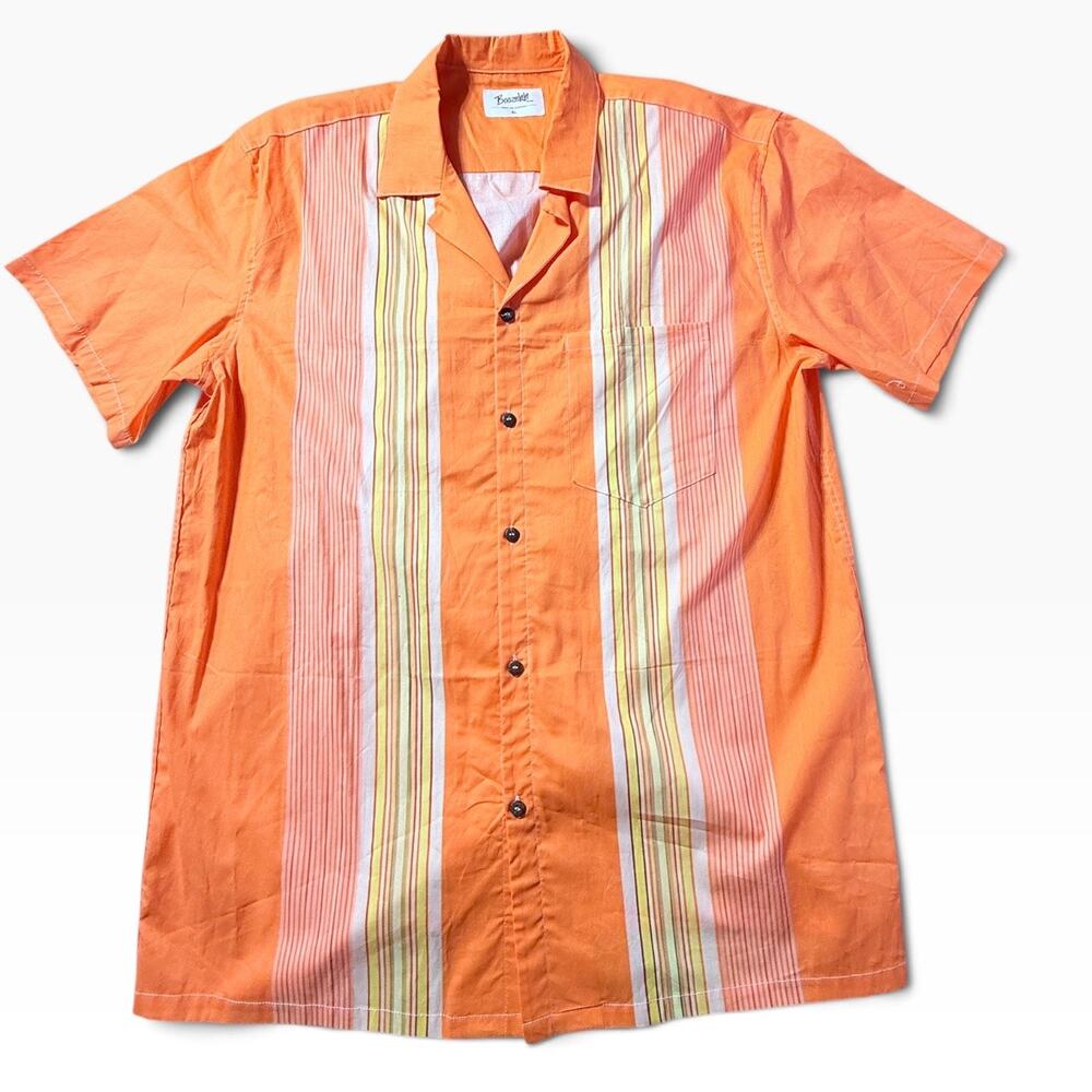 Boozelele Men’s XL Orange Striped Camp Collar Bowling Shirt Retro NWOT